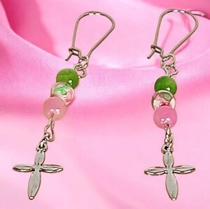 Silver Cross Earrings with Persian Jade Rain Flower Jasper Hypoallergenic Wires
